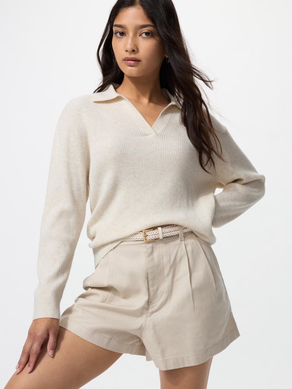 Uniqlo Cream Collar V‑Neck Ribbed Sweater